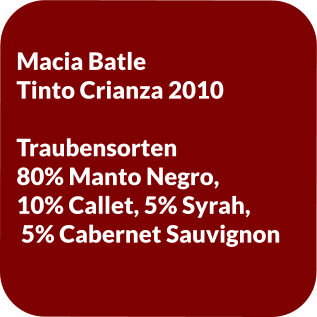 Macia Batle  Tinto Crianza 2010  Traubensorten 80% Manto Negro, 10% Callet, 5% Syrah,  5% Cabernet Sauvignon